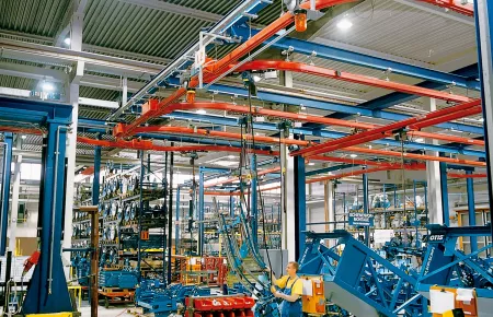 System solution with tracks and cranes made of KBK II profile sections and track switches in the mechanical and plant engineering sector